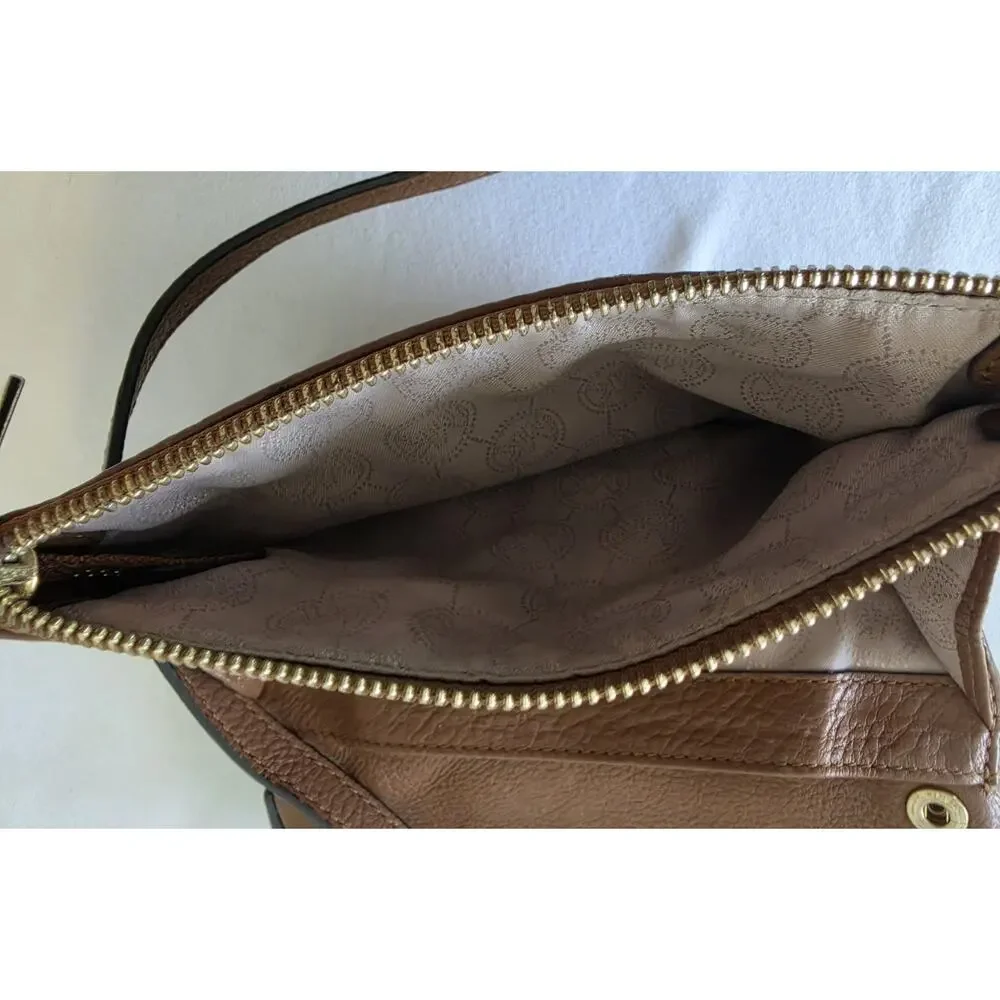 Michael Kors Fulton Double Zip Crossbody Bag Cognac Brown Pebbled Leather MK